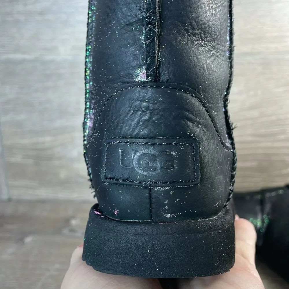 Ugg Kids Classic II Black Leather Sparkly Glitter Toddler Girl Sz 10 Winter Boot